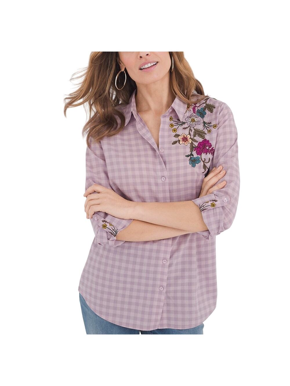 Chicos 10 Womens Floral Embroidered Gingham Shirt Purple Lilac